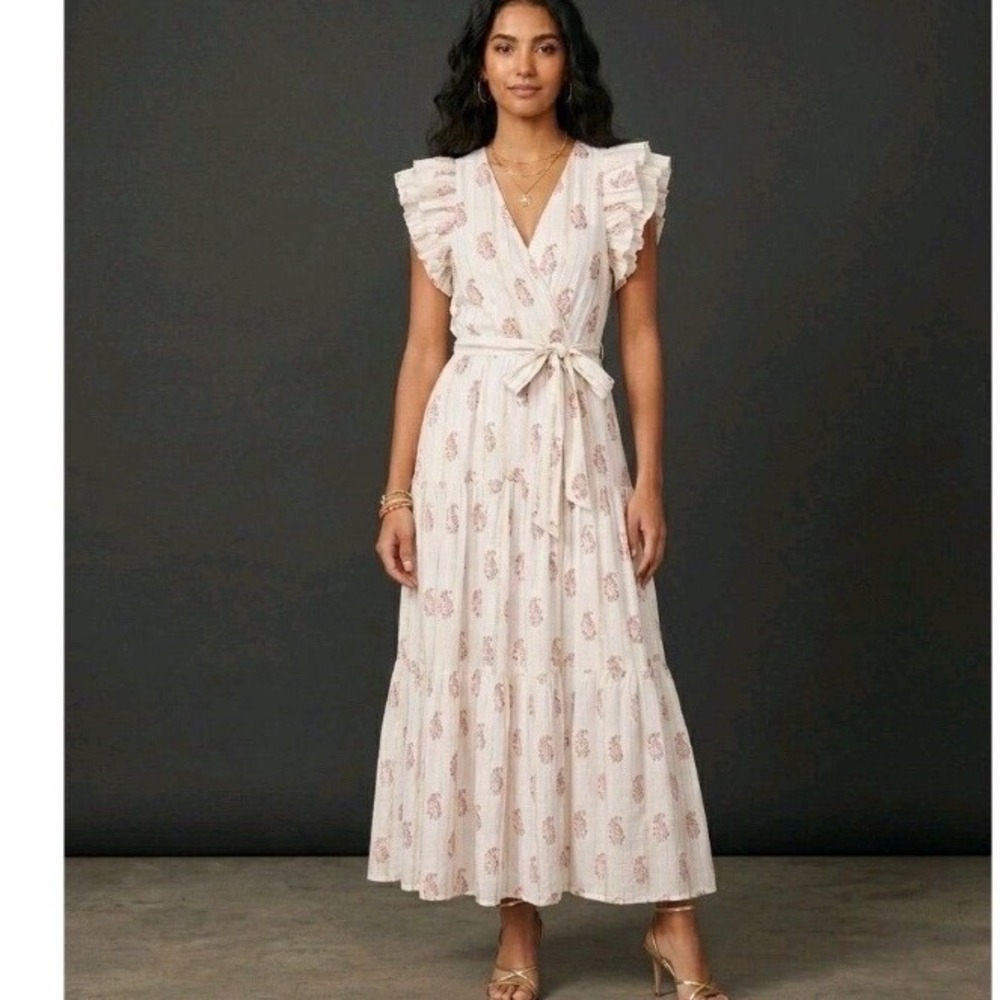 A‎ Love A Pink Paisley Gold Metallic Tiered Cotton Maxi Dress Ruffle Sleeve L